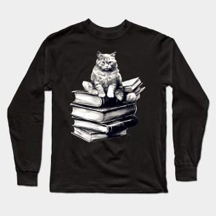 Bookish cat sleeping on books - Kitten lady & librarian gift Long Sleeve T-Shirt